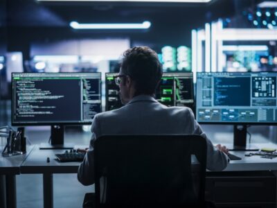 Back,View,Of,A,Young,Engineer,Working,On,Computer,In